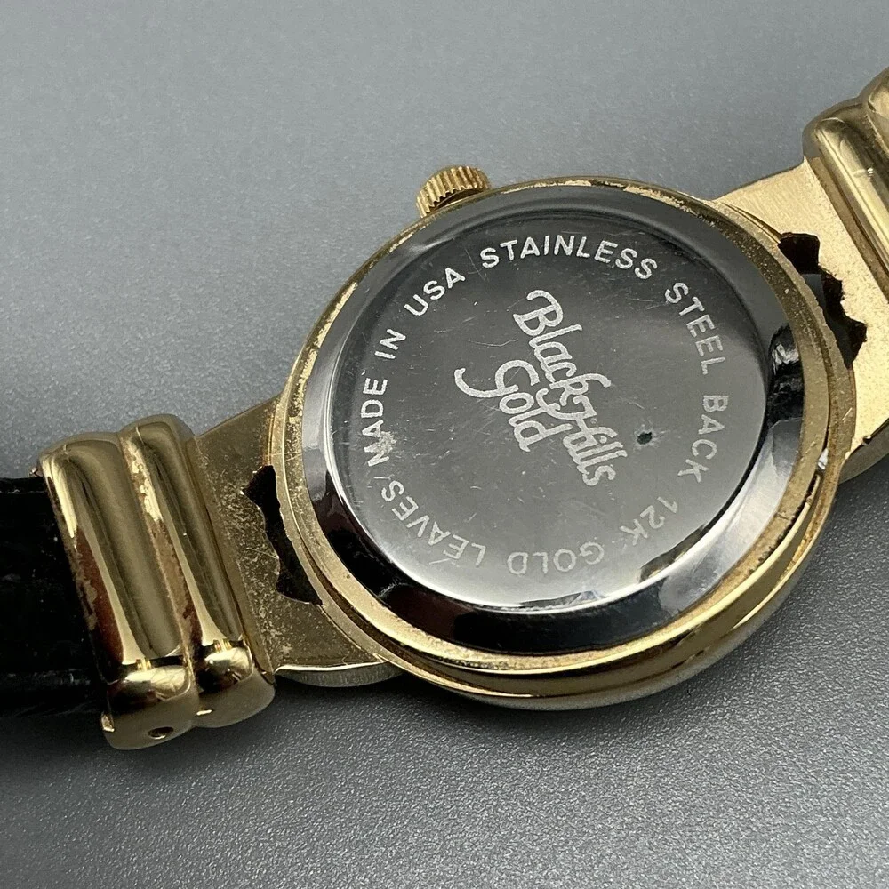 Vintage Black Hills Gold Womens Watch 23mm 12K Gold Leaves Cuff New Battery